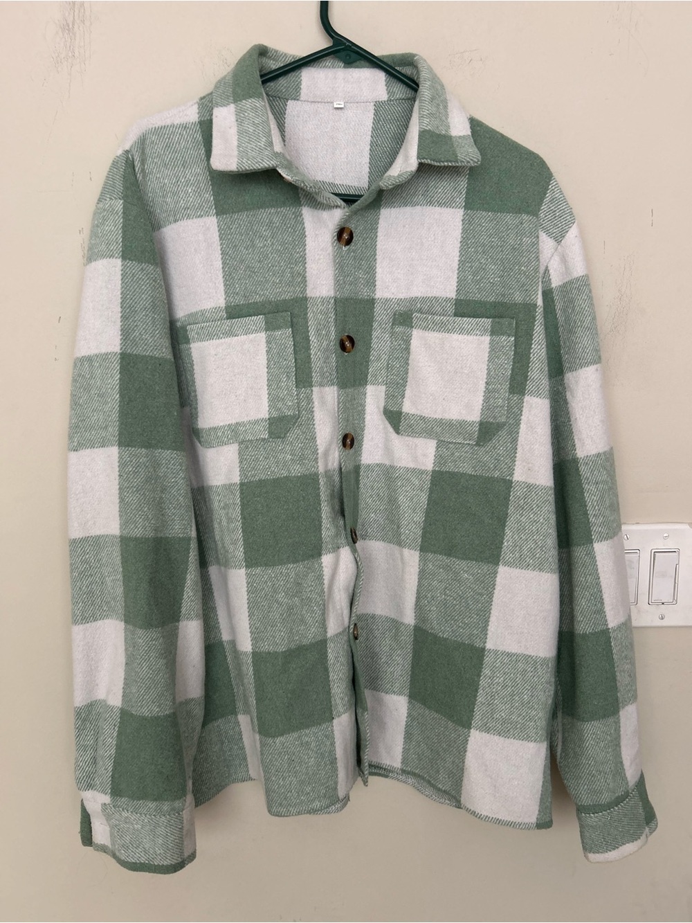 Green White Buffalo Check Button-Up Shirt Jacket chest pockets brown buttons.
